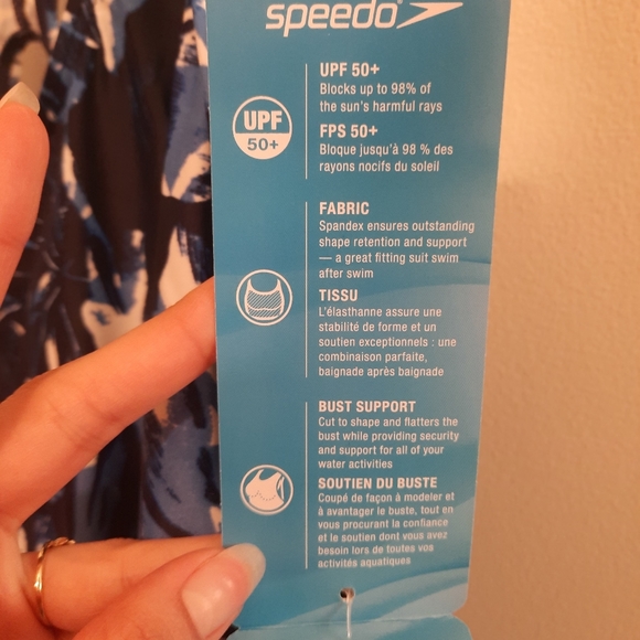 Speedo Blue White and Navy Palm Leaf Print Swimsuit One Piece - Picture 6 of 16